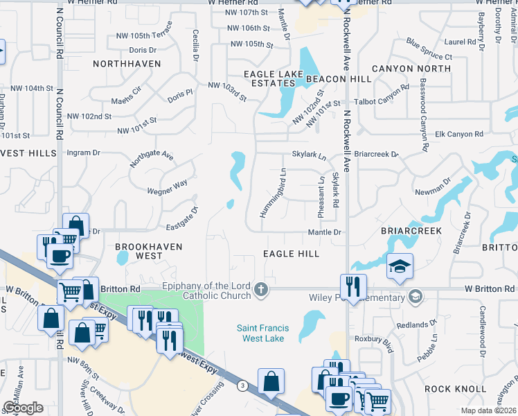 map of restaurants, bars, coffee shops, grocery stores, and more near 9716 Hummingbird Lane in Oklahoma City