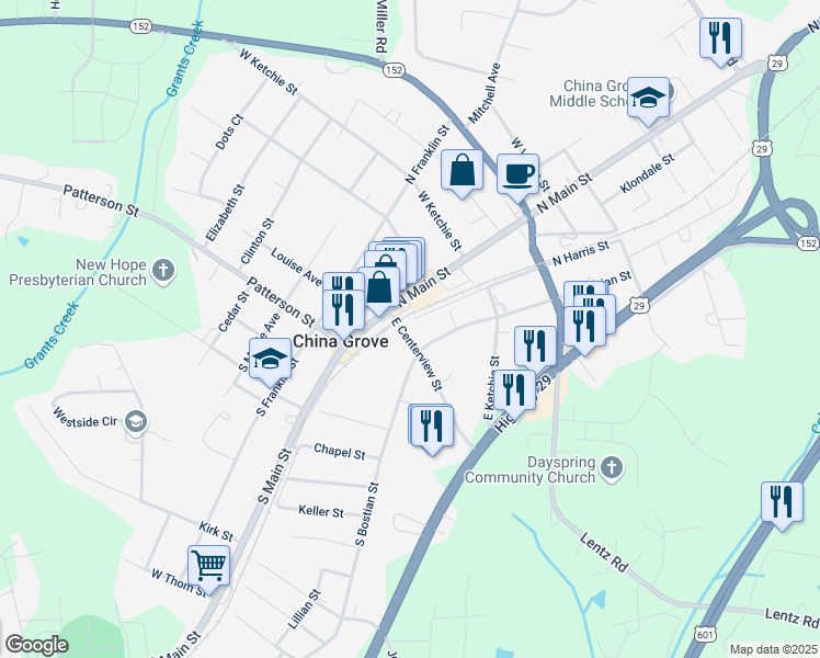map of restaurants, bars, coffee shops, grocery stores, and more near 313 East Centerview Street in China Grove
