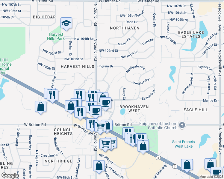 map of restaurants, bars, coffee shops, grocery stores, and more near 9700 Mashburn Boulevard in Oklahoma City