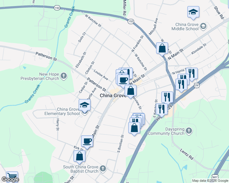 map of restaurants, bars, coffee shops, grocery stores, and more near 216 South Main Street in China Grove