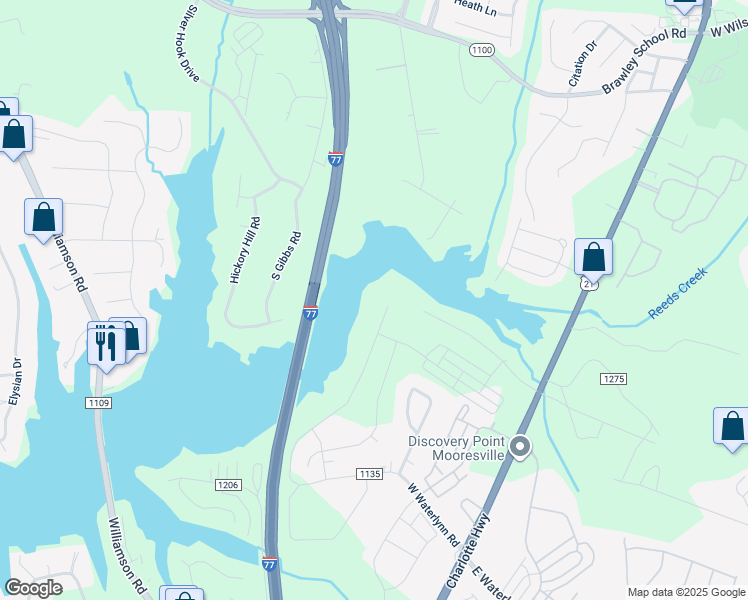 map of restaurants, bars, coffee shops, grocery stores, and more near West Waterlynn Road in Mooresville