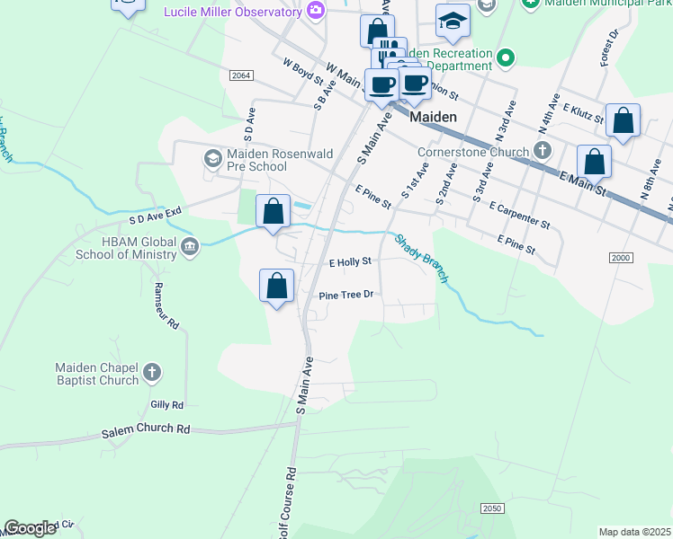 map of restaurants, bars, coffee shops, grocery stores, and more near 8 East Holly Street in Maiden