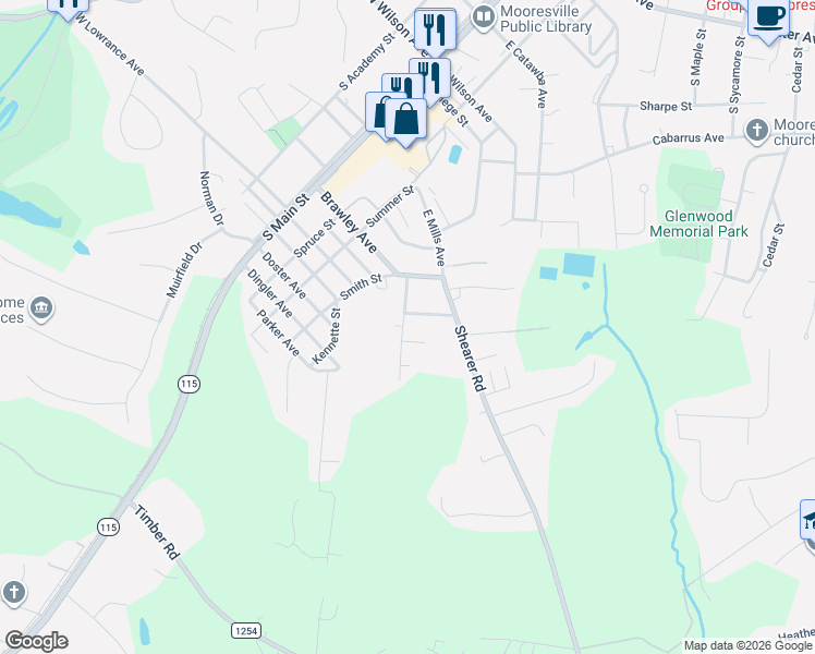map of restaurants, bars, coffee shops, grocery stores, and more near 526 Ridge Avenue in Mooresville
