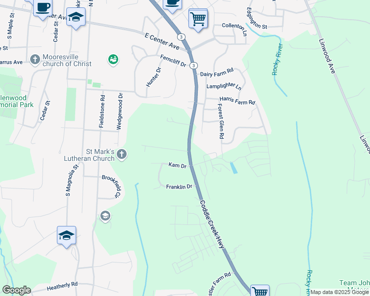 map of restaurants, bars, coffee shops, grocery stores, and more near 107 Hedgewood Drive in Mooresville
