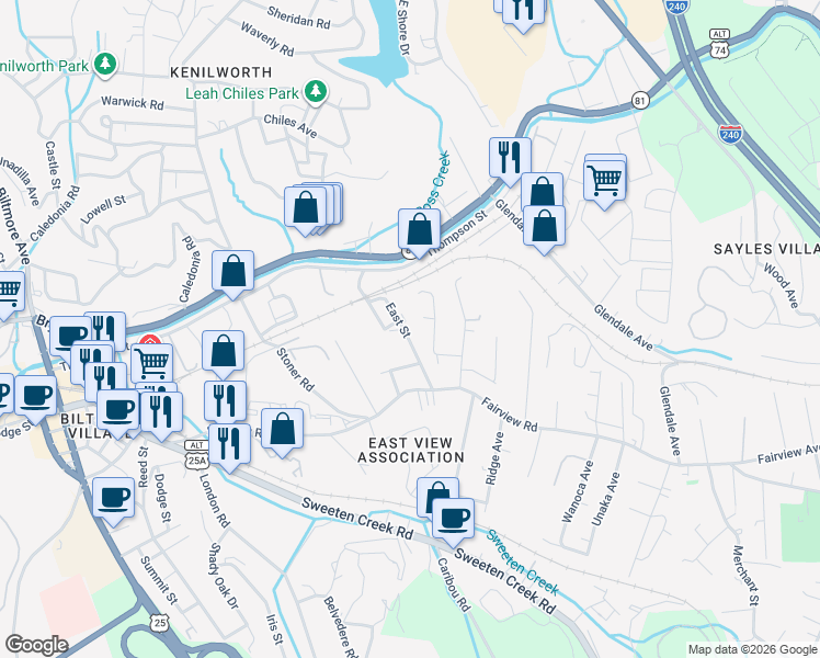 map of restaurants, bars, coffee shops, grocery stores, and more near 53 East Street in Asheville