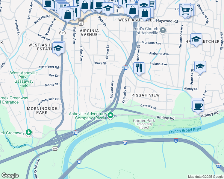 map of restaurants, bars, coffee shops, grocery stores, and more near 57 Hubbard Avenue in Asheville