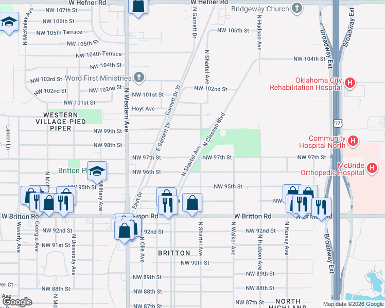 map of restaurants, bars, coffee shops, grocery stores, and more near 9720 North Shartel Avenue in Oklahoma City