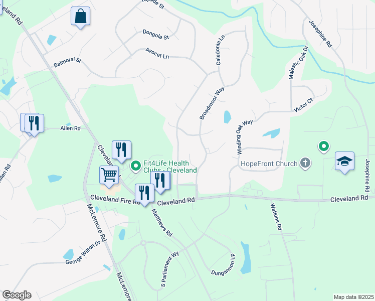 map of restaurants, bars, coffee shops, grocery stores, and more near 99 Skye Circle in Clayton