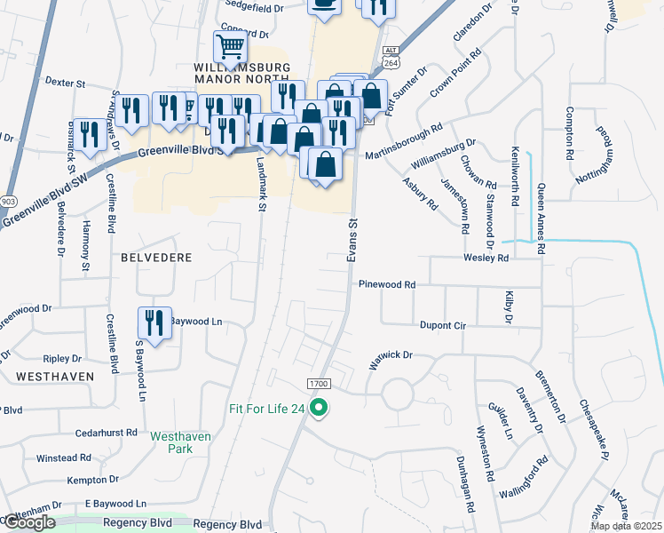 map of restaurants, bars, coffee shops, grocery stores, and more near 3300 Evans Street in Greenville