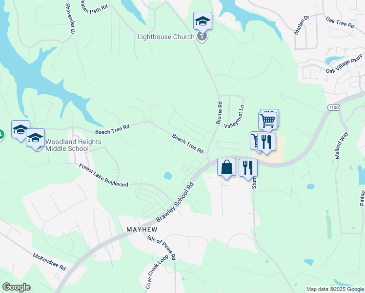 map of restaurants, bars, coffee shops, grocery stores, and more near Beech Tree Road in Mooresville