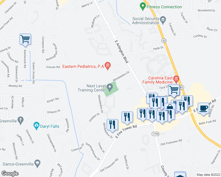map of restaurants, bars, coffee shops, grocery stores, and more near 1750 Wimbledon Drive in Greenville