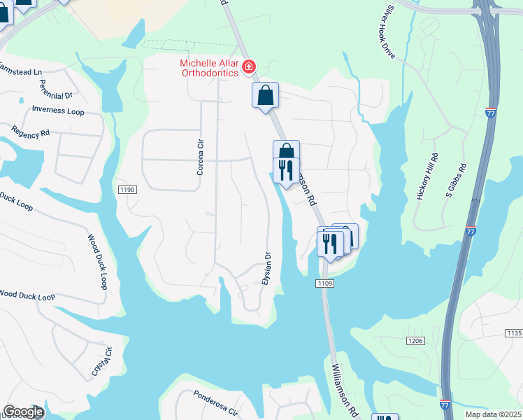 map of restaurants, bars, coffee shops, grocery stores, and more near 251 Elysian Drive in Mooresville