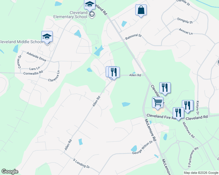 map of restaurants, bars, coffee shops, grocery stores, and more near 355 Allen Road in Clayton