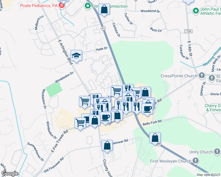 map of restaurants, bars, coffee shops, grocery stores, and more near 1923 Turnbury Drive in Greenville