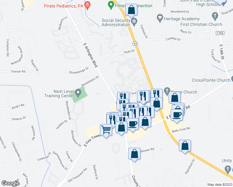 map of restaurants, bars, coffee shops, grocery stores, and more near 1904 Covengton Way in Greenville