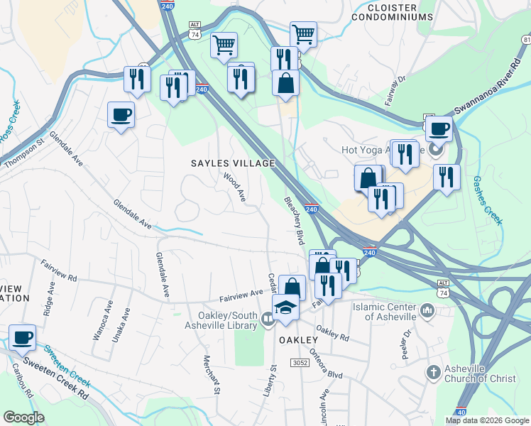 map of restaurants, bars, coffee shops, grocery stores, and more near 90 Wood Avenue in Asheville