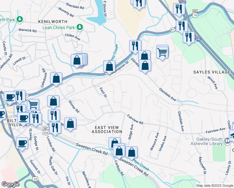 map of restaurants, bars, coffee shops, grocery stores, and more near 46 First Street in Asheville