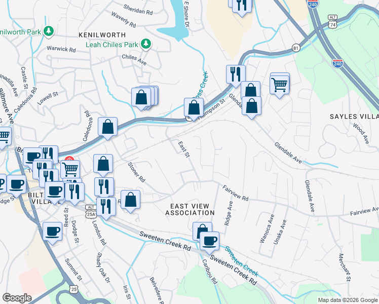 map of restaurants, bars, coffee shops, grocery stores, and more near 53 East Street in Asheville