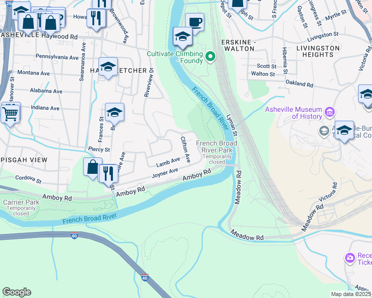 map of restaurants, bars, coffee shops, grocery stores, and more near 47 Clifton Avenue in Asheville