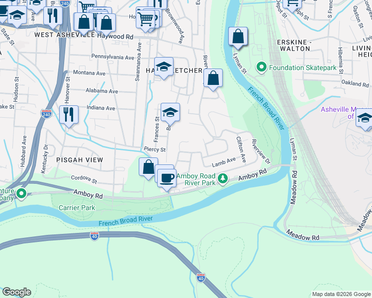 map of restaurants, bars, coffee shops, grocery stores, and more near 11 Peace Street in Asheville