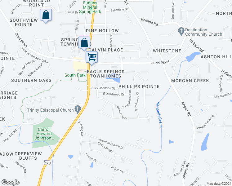 map of restaurants, bars, coffee shops, grocery stores, and more near 908 New Charleston Drive in Fuquay Varina