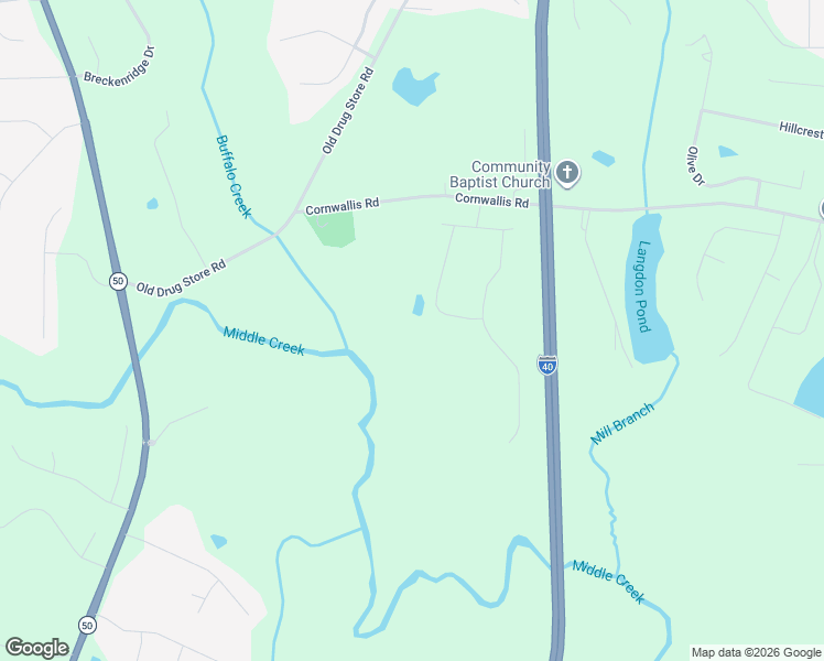 map of restaurants, bars, coffee shops, grocery stores, and more near 40 Cornwallis Road in Garner