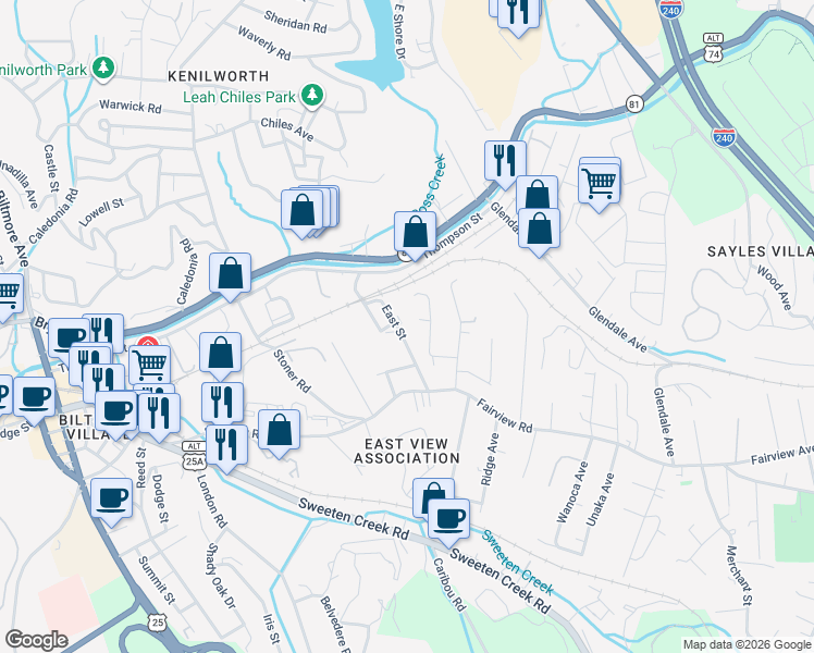 map of restaurants, bars, coffee shops, grocery stores, and more near 53 East Street in Asheville