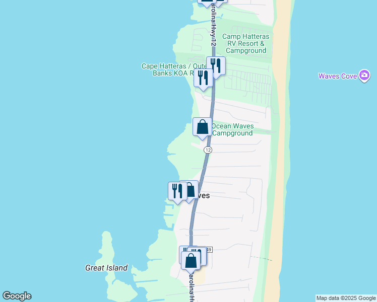 map of restaurants, bars, coffee shops, grocery stores, and more near Kinnakeet Drive North in Nags Head