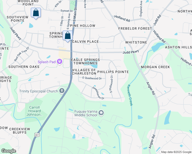 map of restaurants, bars, coffee shops, grocery stores, and more near 909 New Charleston Drive in Fuquay Varina