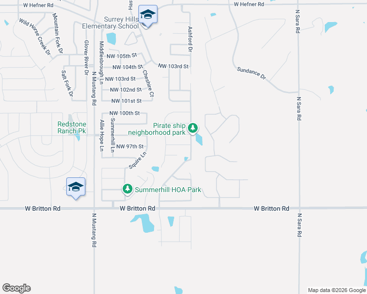 map of restaurants, bars, coffee shops, grocery stores, and more near 9705 Ashford Drive in Yukon