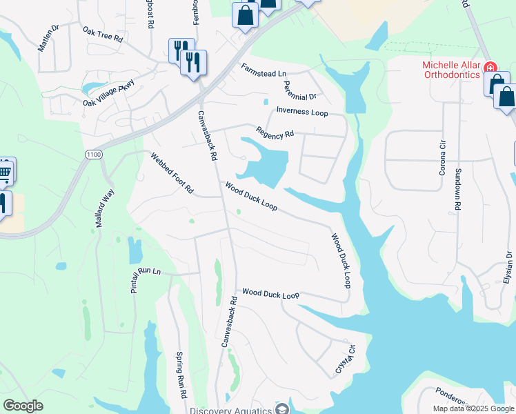 map of restaurants, bars, coffee shops, grocery stores, and more near Wood Duck Loop in Mooresville