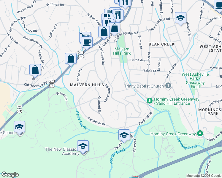 map of restaurants, bars, coffee shops, grocery stores, and more near 36 Clarendon Road in Asheville