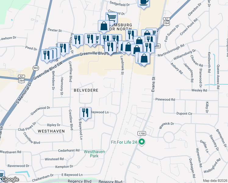 map of restaurants, bars, coffee shops, grocery stores, and more near 3308 Landmark Street in Greenville