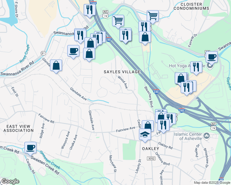 map of restaurants, bars, coffee shops, grocery stores, and more near 21 Homewood Drive in Asheville