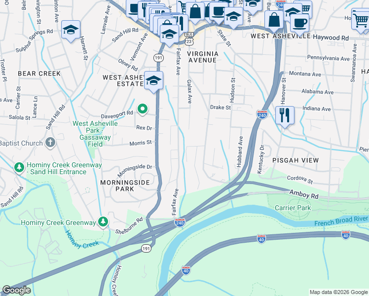 map of restaurants, bars, coffee shops, grocery stores, and more near 224 Fairfax Avenue in Asheville