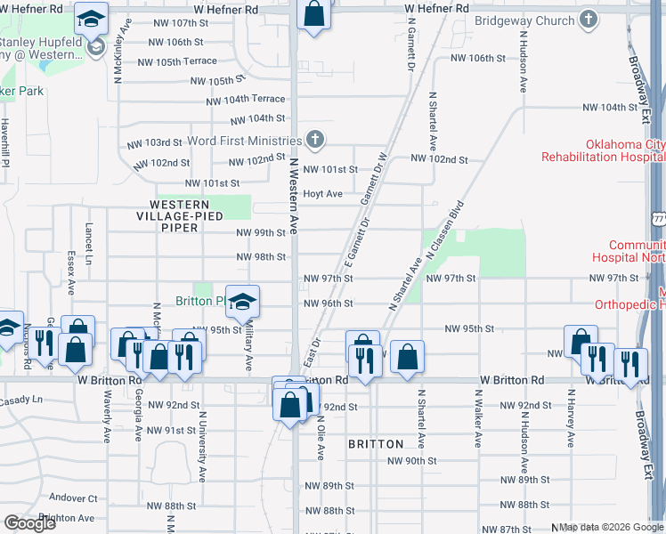 map of restaurants, bars, coffee shops, grocery stores, and more near 1000 Northwest 97th Street in Oklahoma City