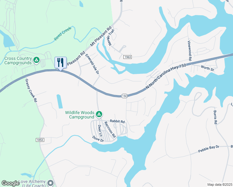map of restaurants, bars, coffee shops, grocery stores, and more near 6594 East North Carolina 150 Highway in Lake Norman of Catawba