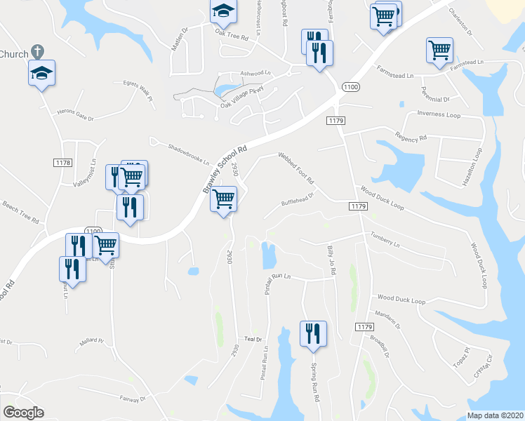 map of restaurants, bars, coffee shops, grocery stores, and more near 152 Bufflehead Drive in Mooresville
