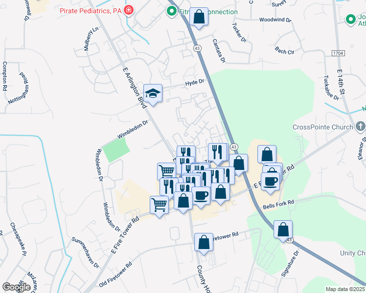 map of restaurants, bars, coffee shops, grocery stores, and more near 1921 Covengton Way in Greenville