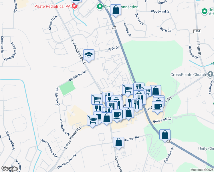 map of restaurants, bars, coffee shops, grocery stores, and more near 1921 Covengton Way in Greenville