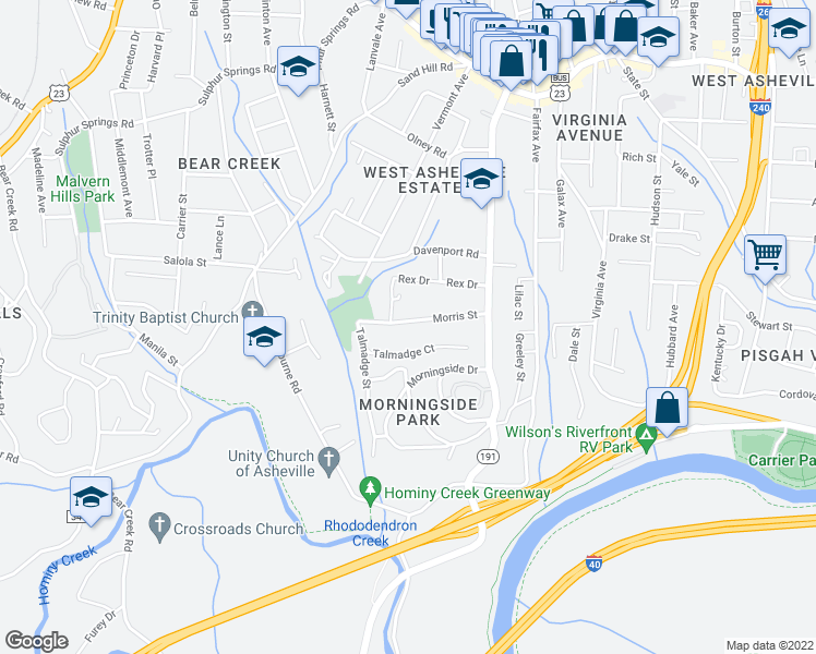 map of restaurants, bars, coffee shops, grocery stores, and more near 73 Morris Street in Asheville