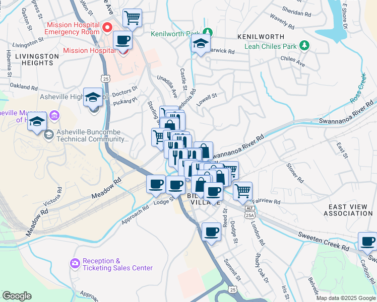 map of restaurants, bars, coffee shops, grocery stores, and more near 17 Bryson Street in Asheville