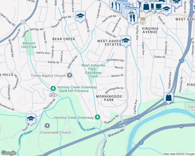 map of restaurants, bars, coffee shops, grocery stores, and more near 105 Morris Street in Asheville