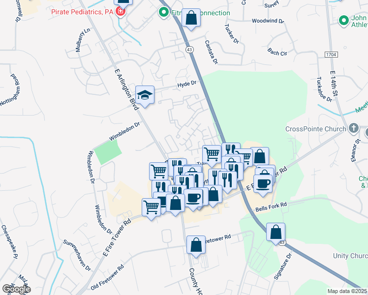 map of restaurants, bars, coffee shops, grocery stores, and more near 1936 Tara Court in Greenville
