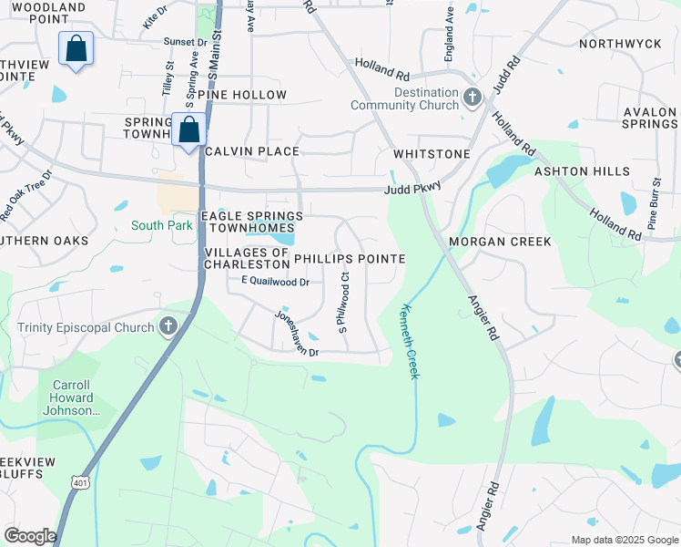 map of restaurants, bars, coffee shops, grocery stores, and more near 1012 South Philwood Court in Fuquay-Varina