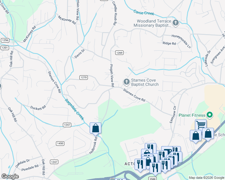 map of restaurants, bars, coffee shops, grocery stores, and more near 174 Starnes Cove Road in Asheville