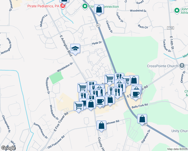 map of restaurants, bars, coffee shops, grocery stores, and more near 1936 Tara Court in Greenville