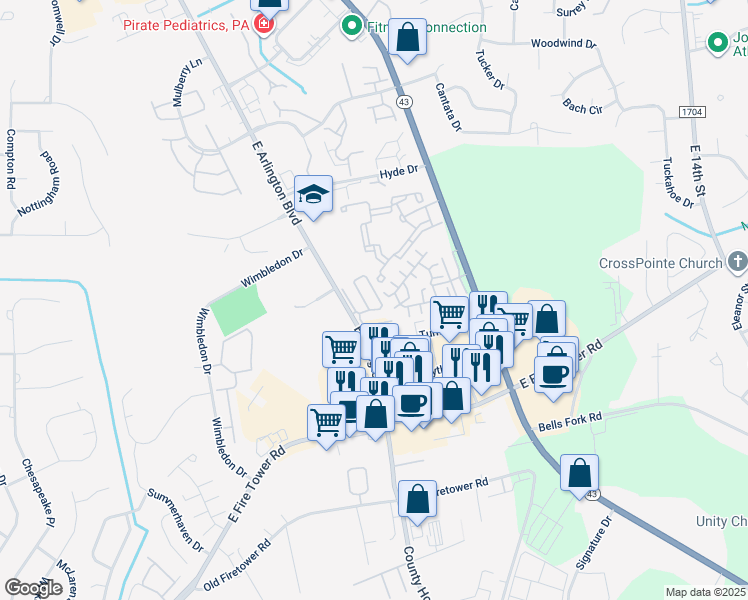 map of restaurants, bars, coffee shops, grocery stores, and more near 1904 Covengton Way in Greenville