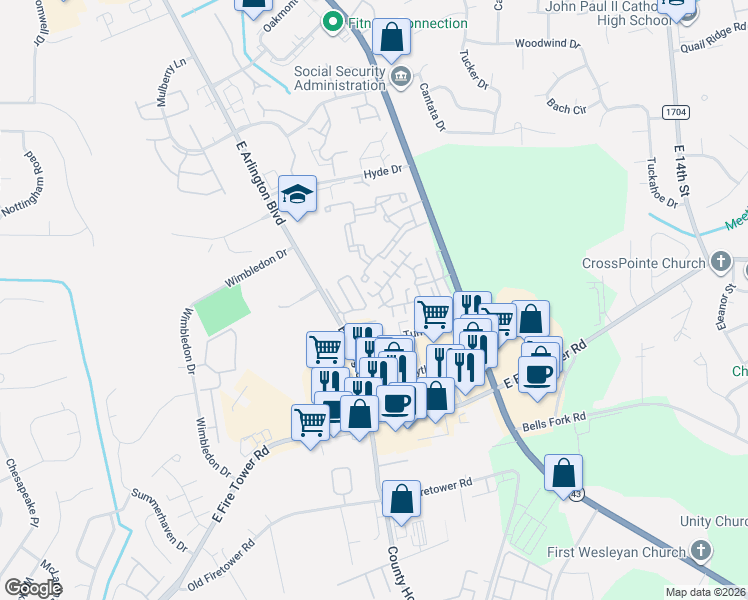 map of restaurants, bars, coffee shops, grocery stores, and more near 1904 Covengton Way in Greenville