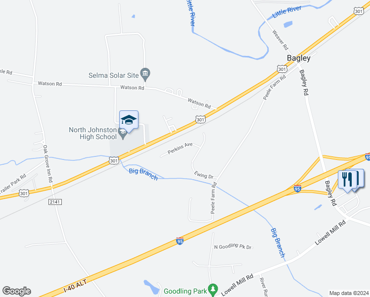 map of restaurants, bars, coffee shops, grocery stores, and more near 77 Perkins Ave in Selma